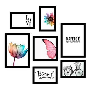 Kit 7 Placas Quadros Decorativos Love Frases Motivacionais Flores Coloridas
