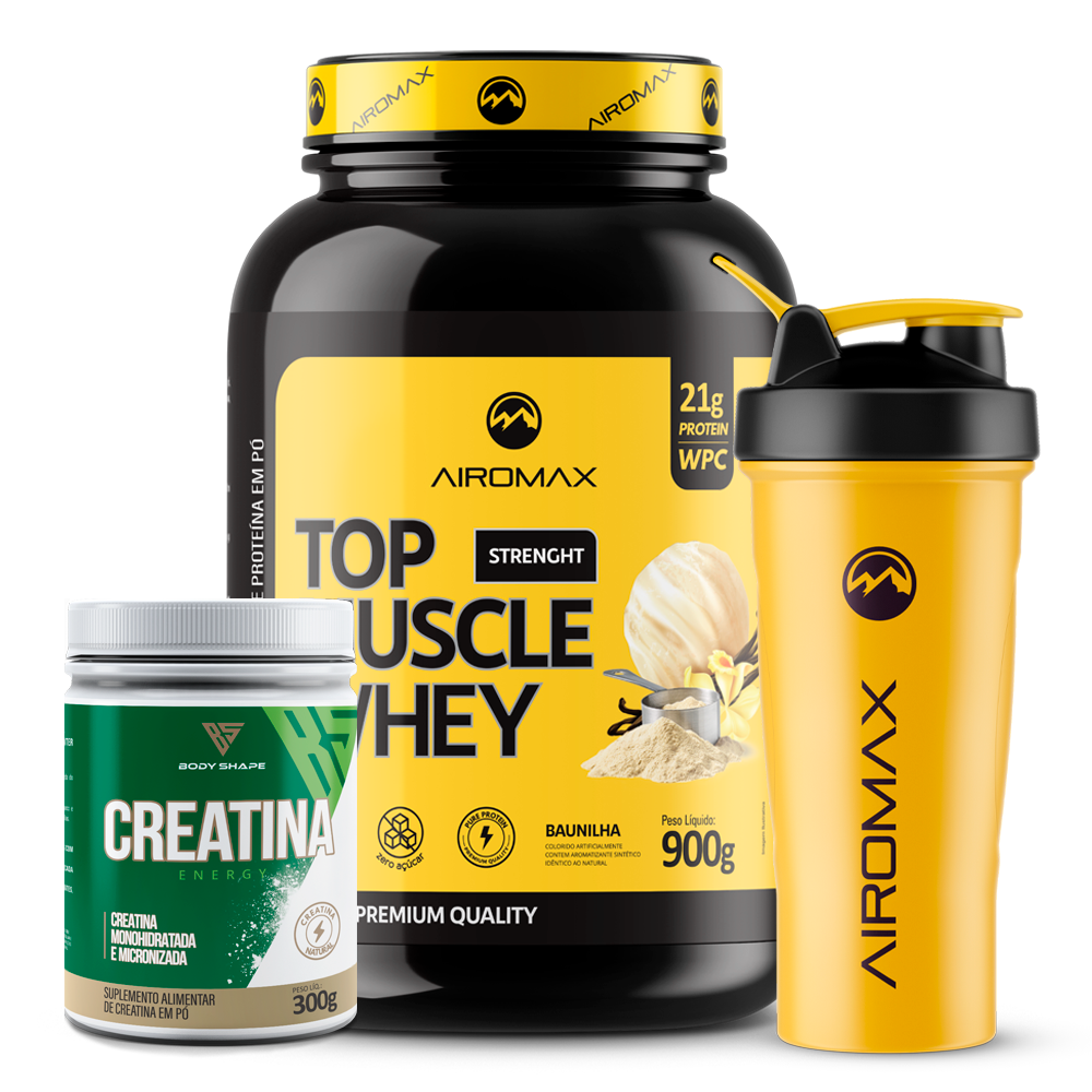 Kit Whey Protein Concentrado (WPC) 900g Airomax + Creatina Micronizada e Monohidratada 300g Body Shape + Coqueteleira Premium 600ml