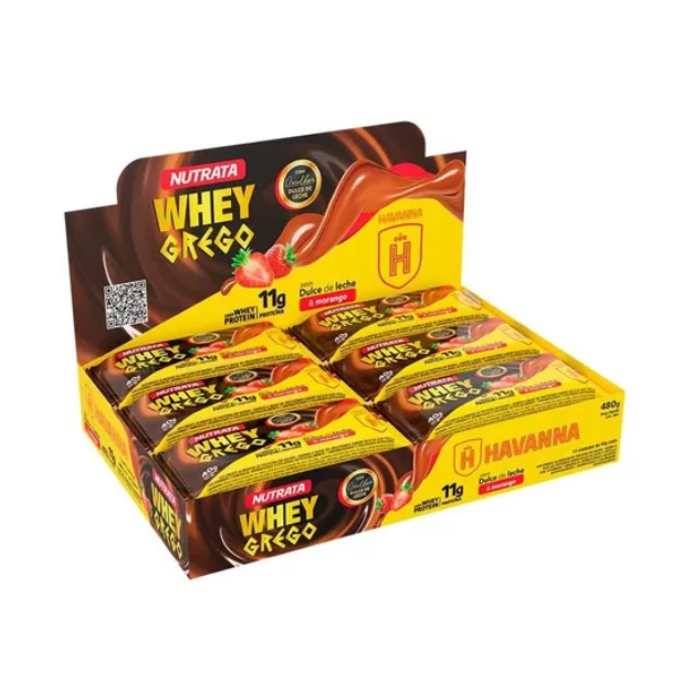 WHEY GREGO BAR SABOR DULCE DE LECHE E MORANGO HAVANNA DISPLAY C/ 12 BARRAS DE 40G