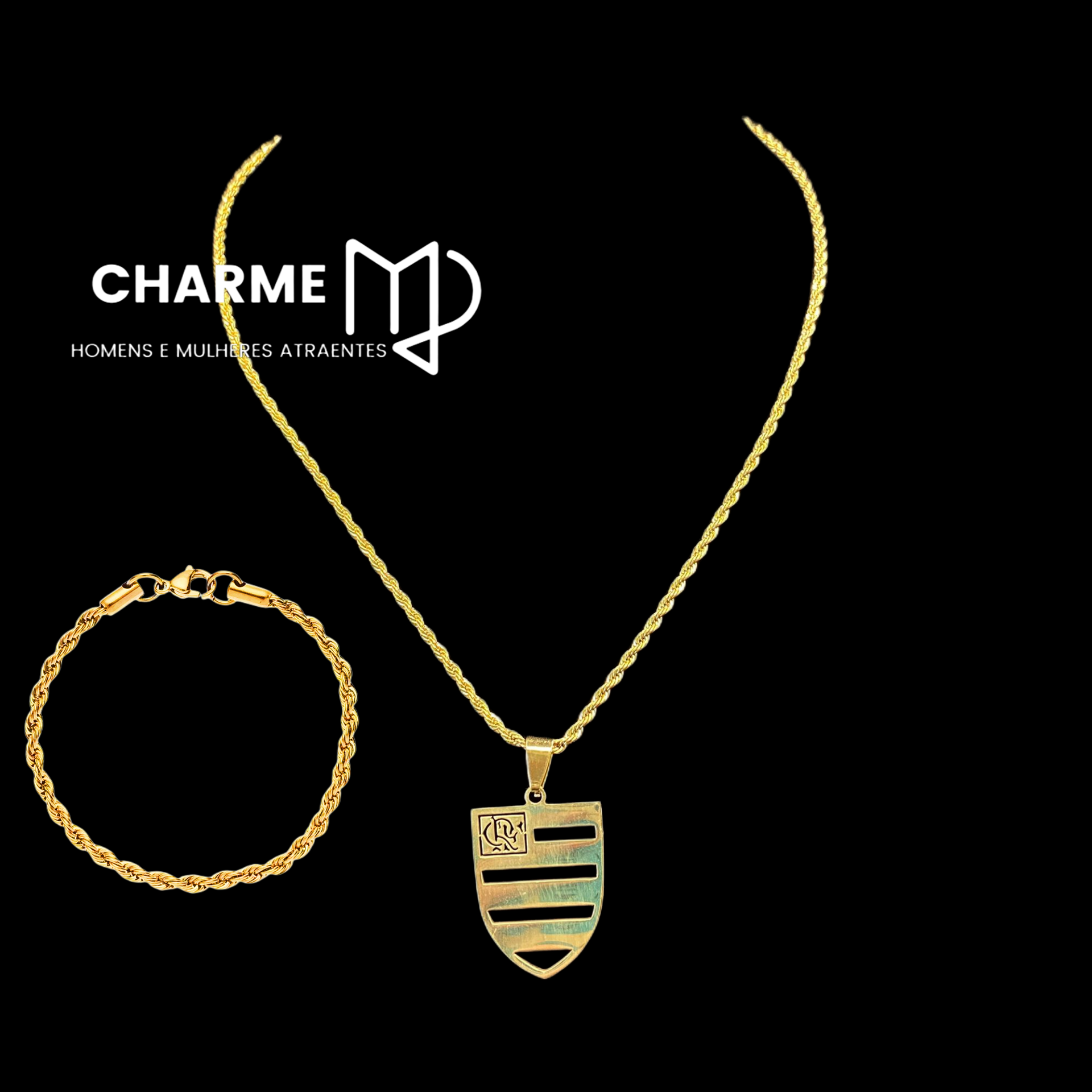 Conjunto Corrente+pulseira cadeia de torção de aço inox banhado dourado masculina/feminina colar+pingente de FLAMENGO Dourado Aço inoxidável 316L