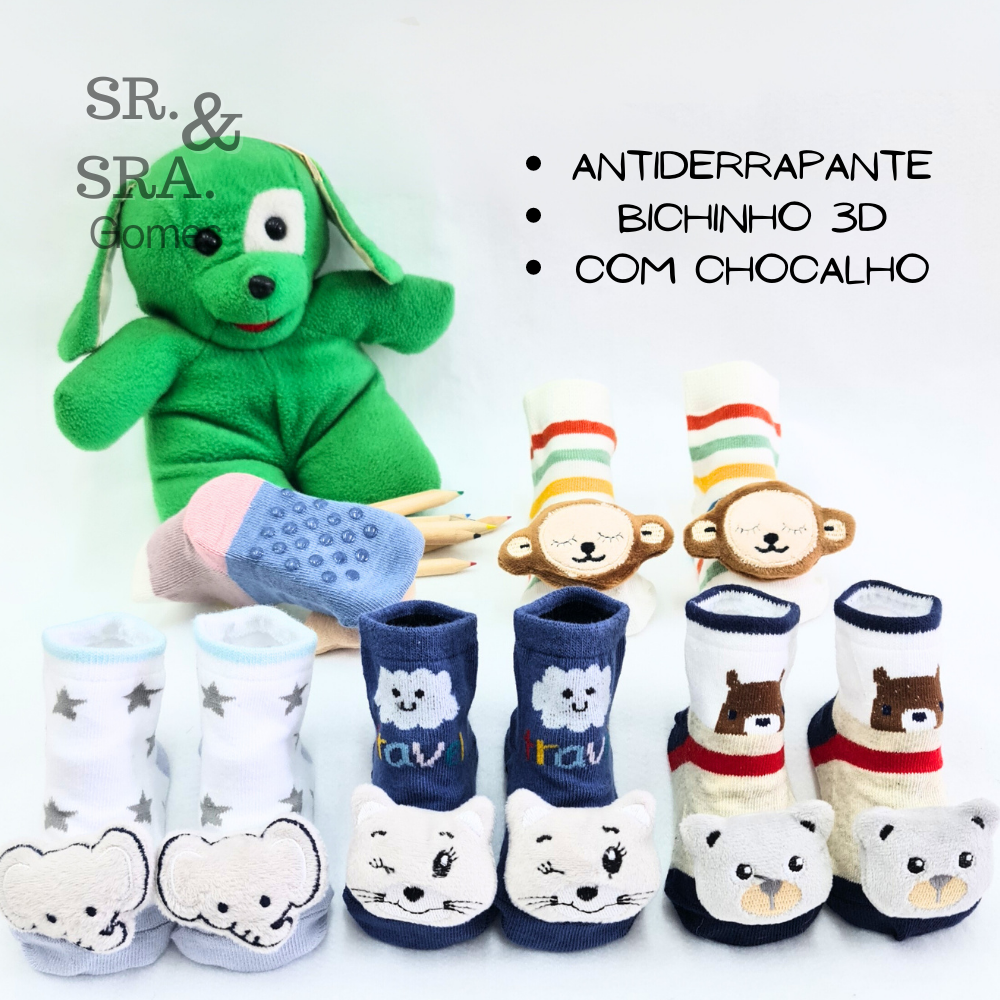 Meia Bebe Infantil De 0 A 12 Meses Criança Recém Nascido Diversos Modelos De Bichinhos 3d Com Chocalho Antiderrapante Fofas Estilo Pantufa Boa Qualidade Menino