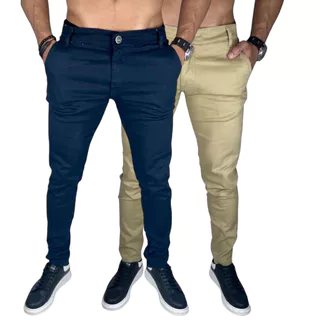 Kit 2 Calças de Sarja Masculinas Slim Bolso Embutido Preta e Outras Cores