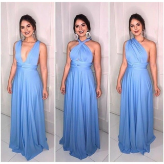 VESTIDO LONGO CELINA DUAS FENDAS AZUL SERENITY