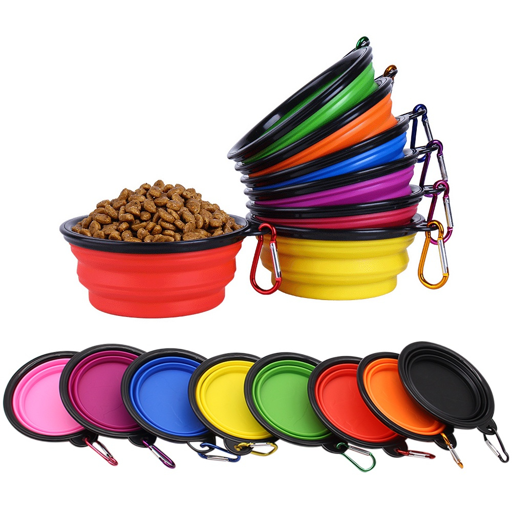 Bebedouro Comedouro dobrável em silicone retrátil com mosquetão para passeio viagem cachorro cães gato