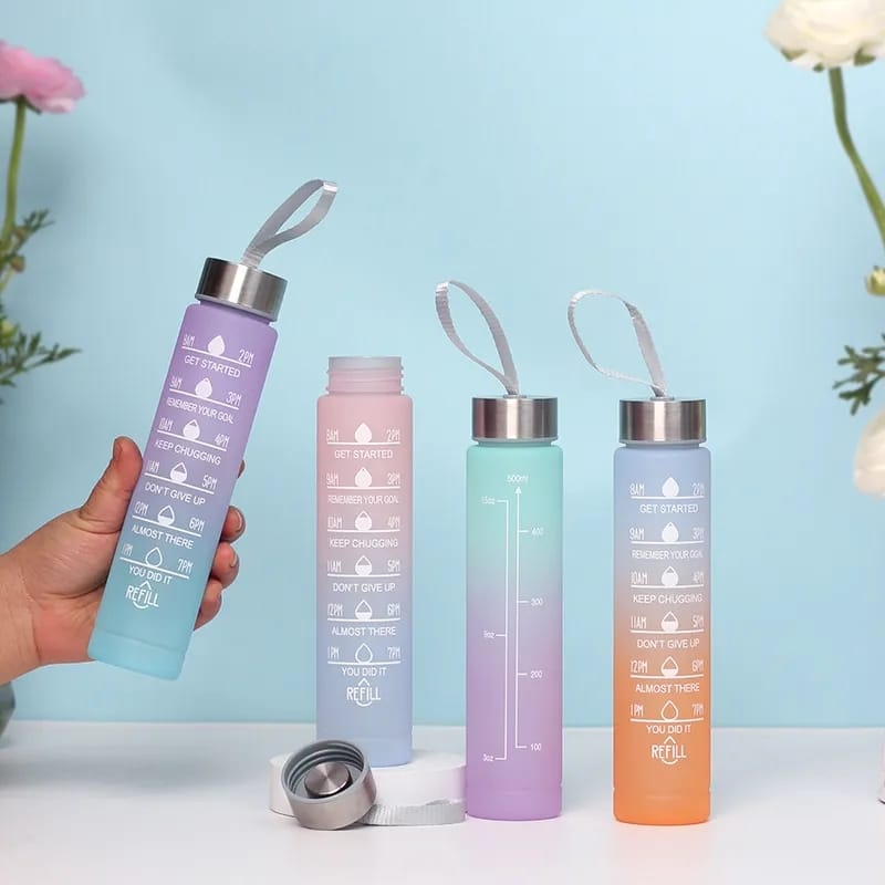 Garrafa de água motivacional pequena colorida com adesivo (300 ml)