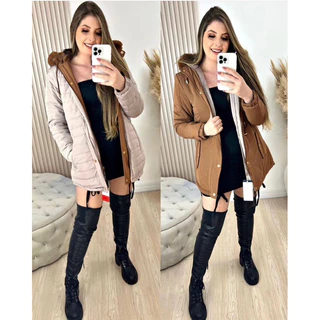Parka de Nylon e Microfibra Feminina DUPLA FACE Sobretudo Lancamento Inverno