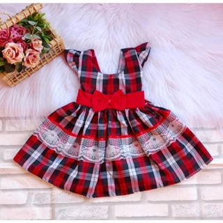 Vestido Infantil de Festa Junina Xadrez Preto Saia Camadas + Flores  Aplicadas