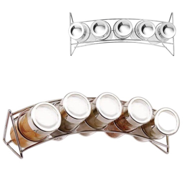 Porta Tempero 5 Potes Vidro + Suporte Curvado Inox Premium