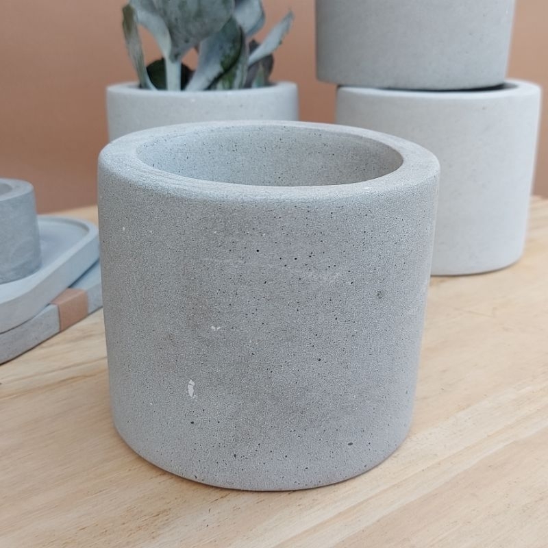 Vaso cilindrico cinza cimento rústico para plantas decoração e porta objetos