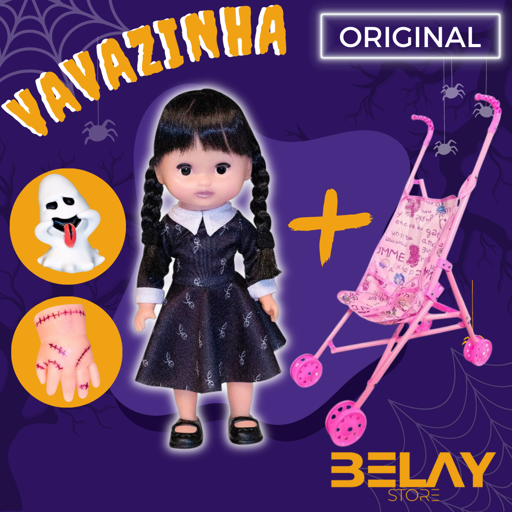 Kit Boneca Vavazinha com Mãozinha e Fantasminha + Carrinho de Boneca  Brinquedo Infantil Menina Wandinha Família Addams