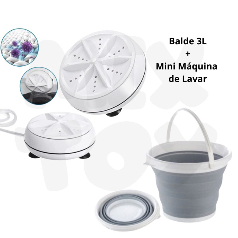 Kit Balde Retrátil 3L 5L ou 10 L Silicone + Mini Máquina de Lavar Roupas Portátil Usb