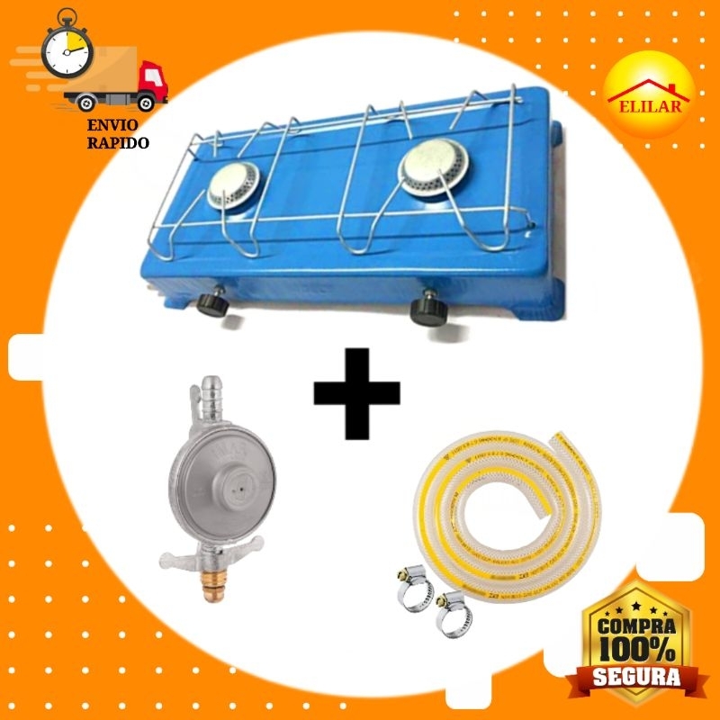 Kit Fogão 2 Bocas + Mangueira De Gas 1 Metro Com Abraçadeiras + Regulador de Gás Camping/Portatil/Caminhoneiro Cor Sortida.