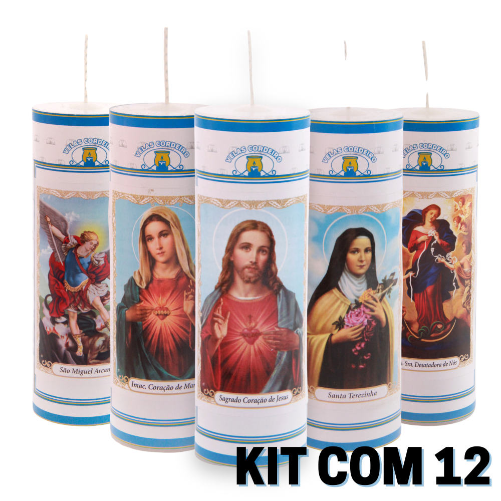 Kit 12 Velas de 7 dias de Parafina Pura Branca 260g com Imagem de Santos