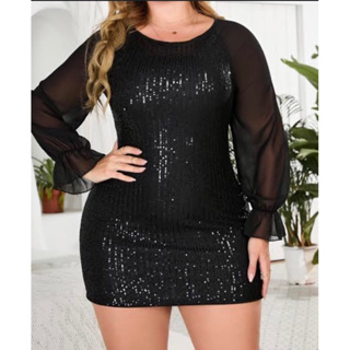 Vestido de paetê com manga de tule festa Plus size