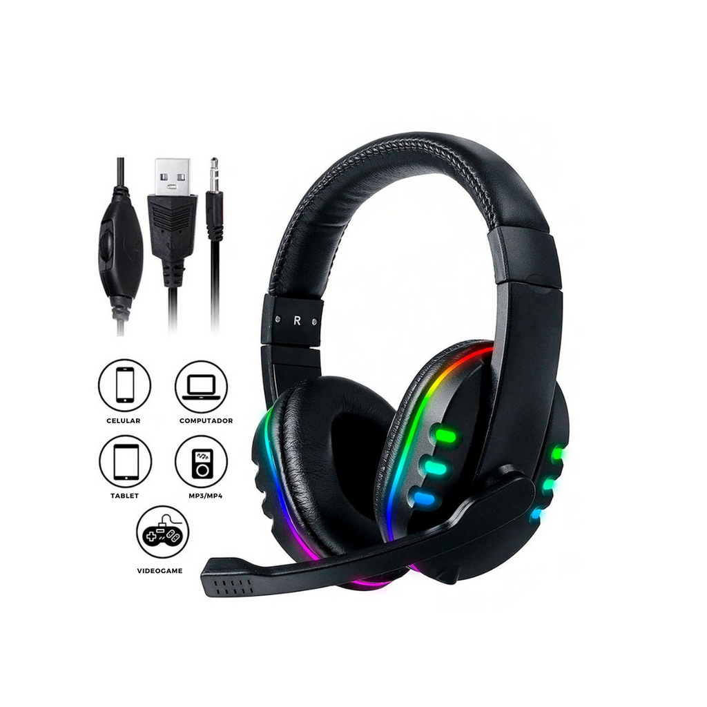 Headset Fone Gamer Led RGB de ouvido com microfone para PC Ps4 XBOX Computador Celular, P3 Headphone