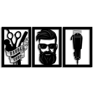 Trio de Quadros Barbearia Shop Vazado Em MDF Preto Salão Corte Cabelo Barba