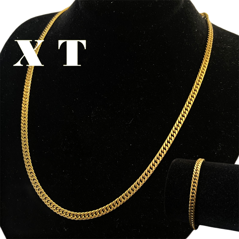 Conjunto Corrente+Pulseira Elo Duplo em aço inox 316L masculina/feminina colar banhada a ouro 60cm 4mm