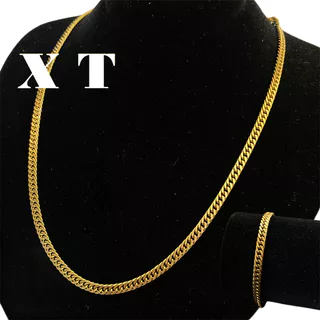 Conjunto Corrente+Pulseira Elo Duplo em aço inox 316L masculina/feminina colar banhada a ouro 60cm 4mm