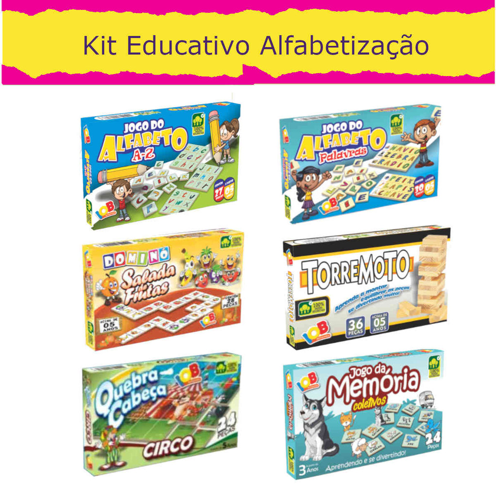 Kit 06 Jogos Educativos Infantil Pedagógico Memória Alfabeto