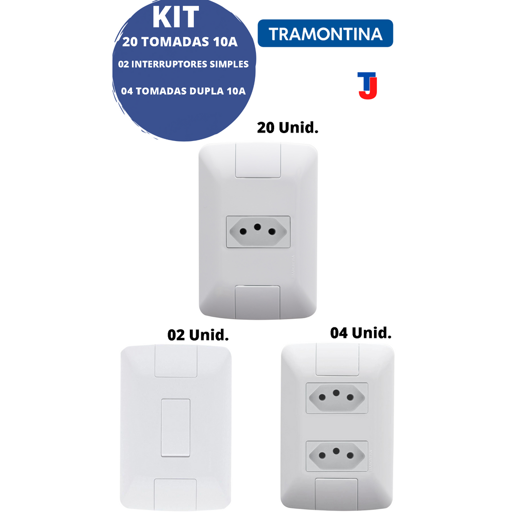 KIT 20 Tomadas 10A + 04 Tomadas dupla 10A + 02 Interruptores simples c/Placa Tramontina 4x2 - Linha Aria