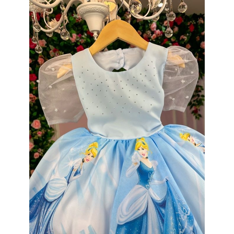 Em promoção! Meninas Azul Cinderela Vestido De Verão Puff Manga Bordado De  Flor De Vestidos Para Meninas Princess Dress Up Da Festa De Aniversário De  Fadas Frocks