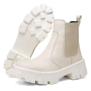 Bota Coturno Chelsea Feminina Lançamento Promoção Tratorada Blogueira Confortavel Off White