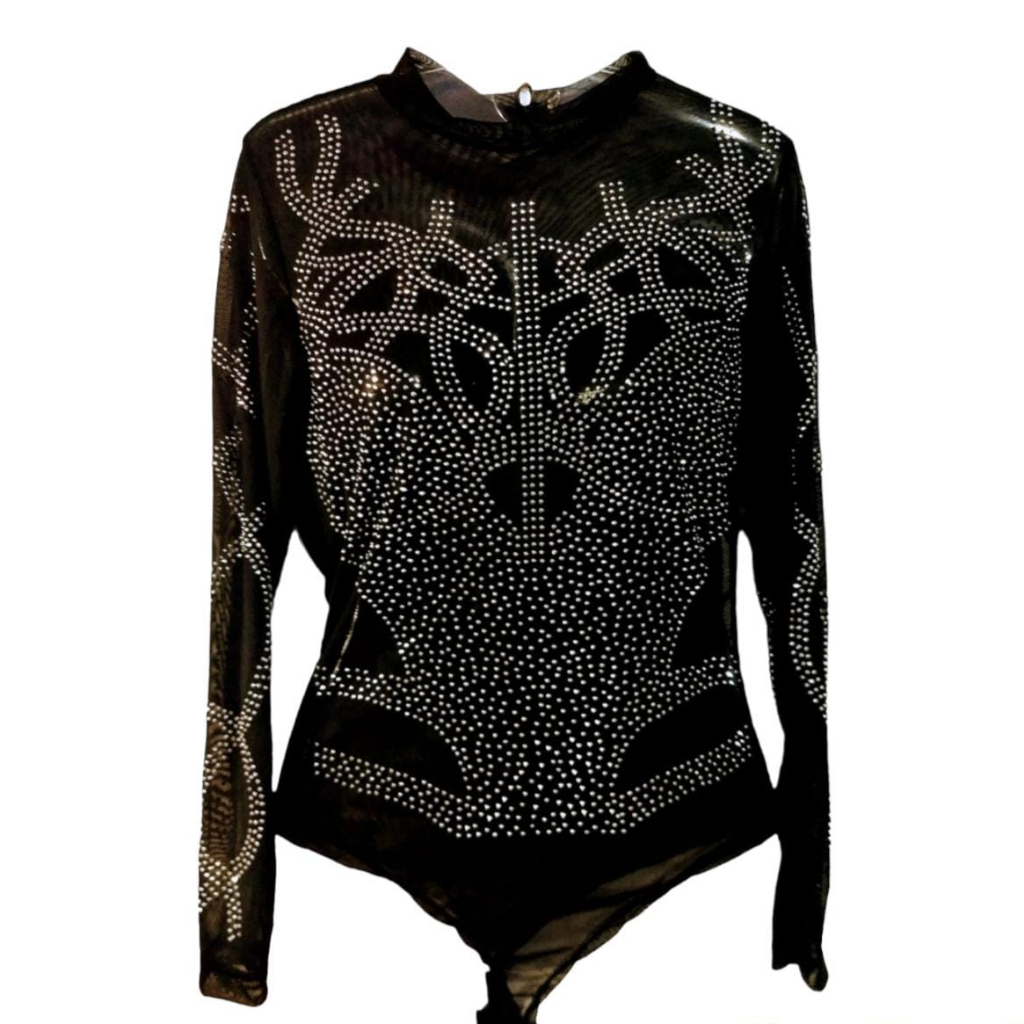 Body Feminino Tule Transparente Manga Comprida Aplicações em Strass ...