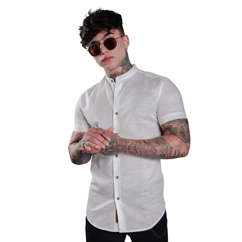 Camisa De Botão Manga Curta Masculina Gola Padre De Linho
