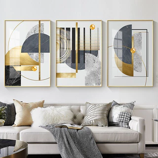 Kit Quadros Decorativo 3 peças 60x40 Mosaico MDF Full HD Arte geométrica abstrata moderna dourada