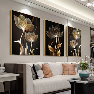 Quadros Decorativo 3 peças 60x40 Mosaico Mdf Alta Resolução Full HD Abstrato preto flor dourada decoração para casa sala quarto
