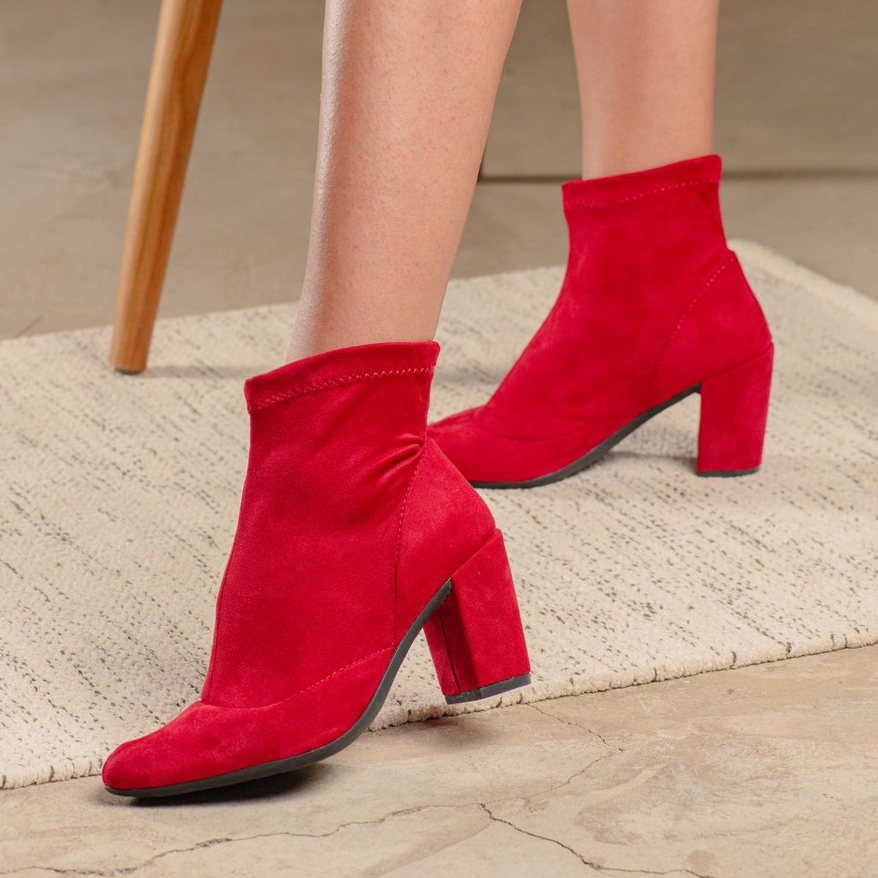 Bota Feminina Cano Curto Salto Grosso Vermelha Bico Fino | Shopee Brasil