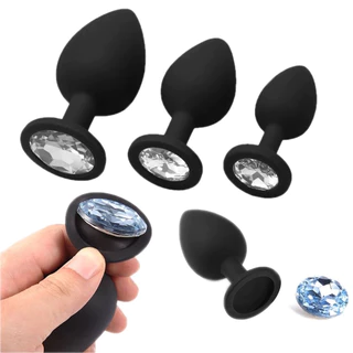 Kit Plug Anal De Silicone Preto Cravejado Com Pedra Na Base Aveludado Sex Shop