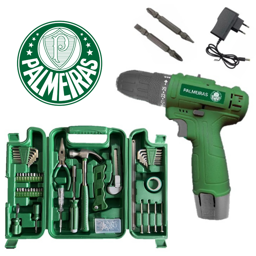 Kit Furadeira/Parafusadeira 12V a bateria e Jogo de Ferramentas 200 peças + Maleta Palmeiras Dia dos namorados - Titanium