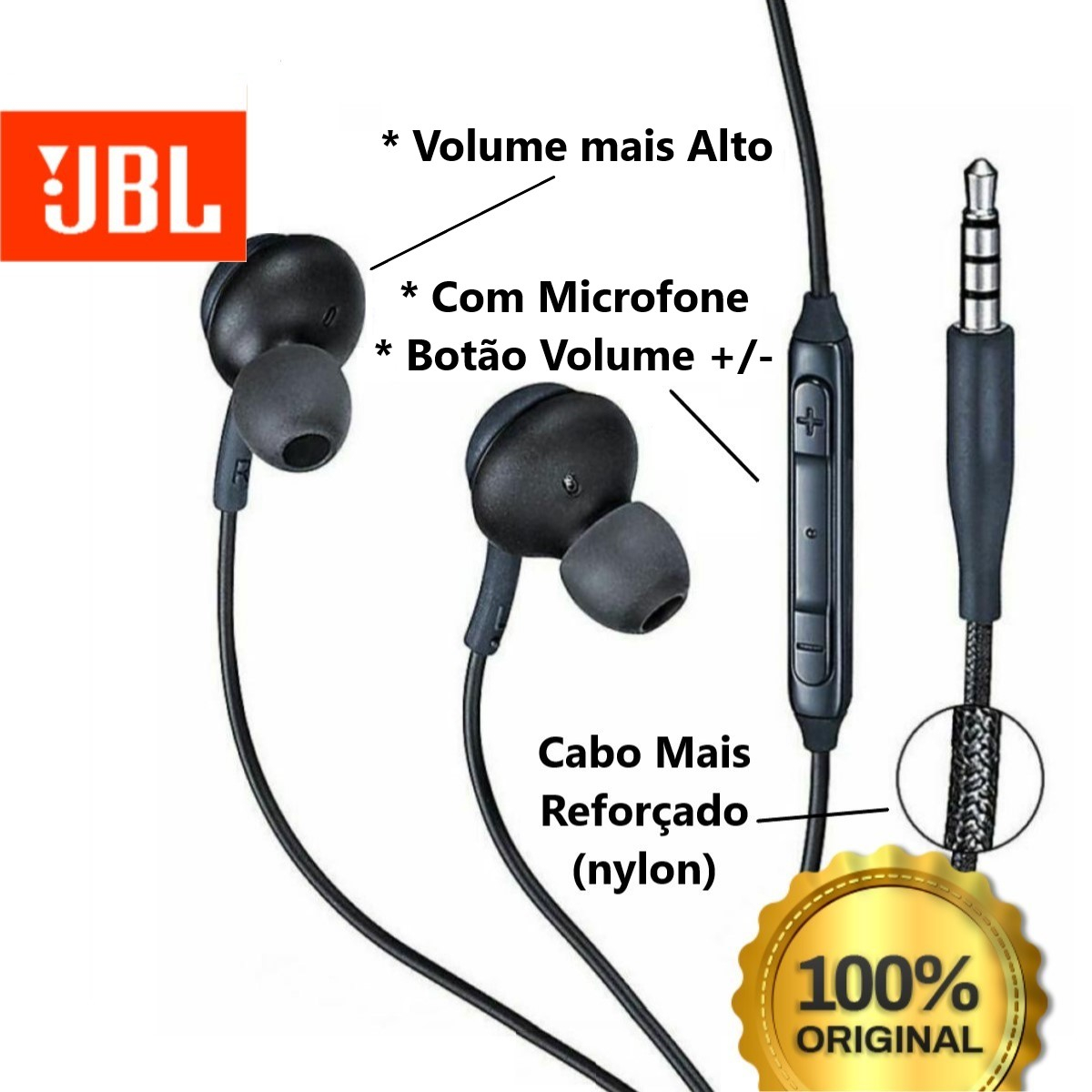 Fone De Ouvido Jbl Com Microfone e Fio Mais Resistente P/ Celular Notebook Entrada P2 Volume Mais Alto Modelo In-ear Intra-Auricular