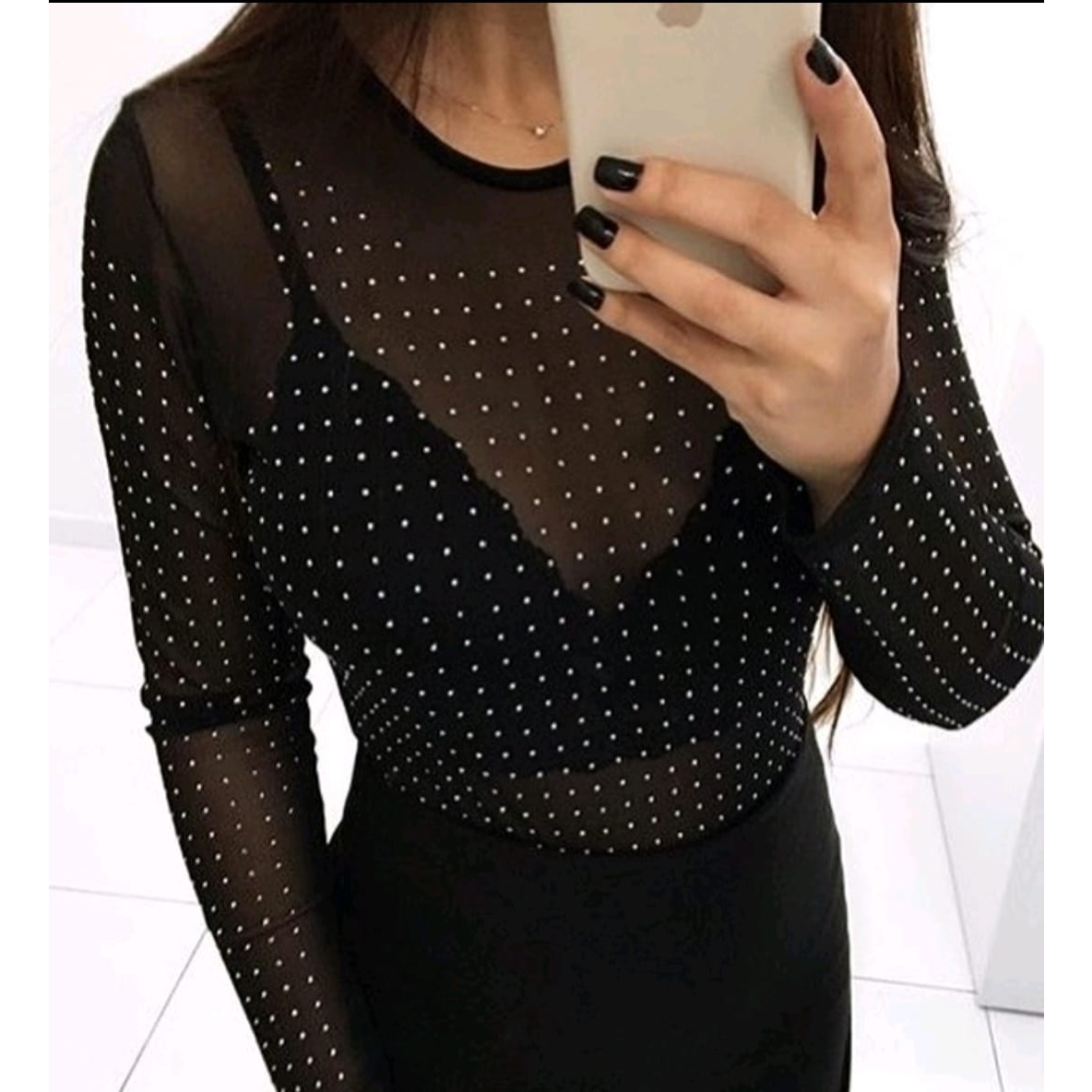 Body Feminino Tule Transparente Manga Comprida Aplicações em Strass ...