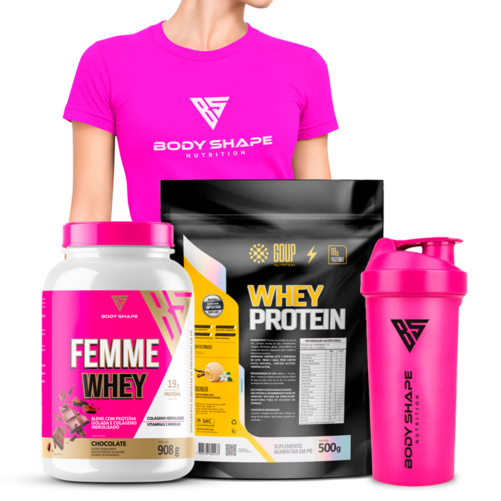 Kit Whey Feminino 900g + Whey Protein Concentrado (WPC) 500g + Camiseta Dry Fit + Coqueteleira Rosa