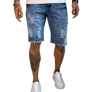 Bermuda Jeans Masculina Azul Rasgada Com Destroyd