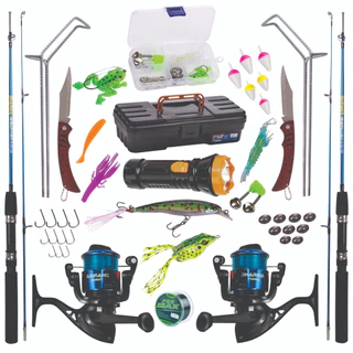 KIT DE PESCA 10KG COMPLETO C/ 2 VARAS DUAS PARTES + 2 MOLINETES + LANTERNA + 2 CANIVETES + MALETA + sUPORTE 	+ ITENS