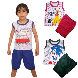 Kit 6 peças 3 conjuntos Infantil Menino shorts em Tactel e Camisetas em algodão