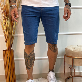 Bermuda Jeans Masculina Lavagem Media Básica Linha Premium Casual com Puídos Top