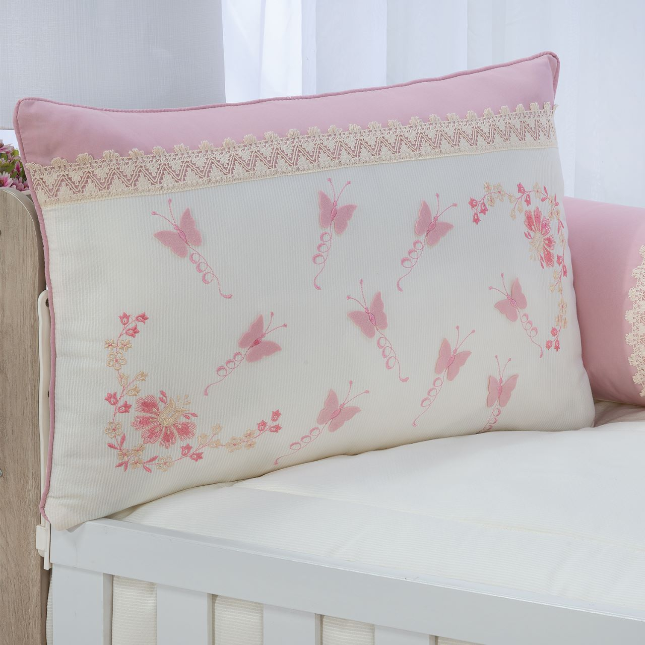 KIT ENXOVAL PARA BERÇO BEBÊ BORBOLETAS ROSÊ MENINA LUXO + SAIA BEGE