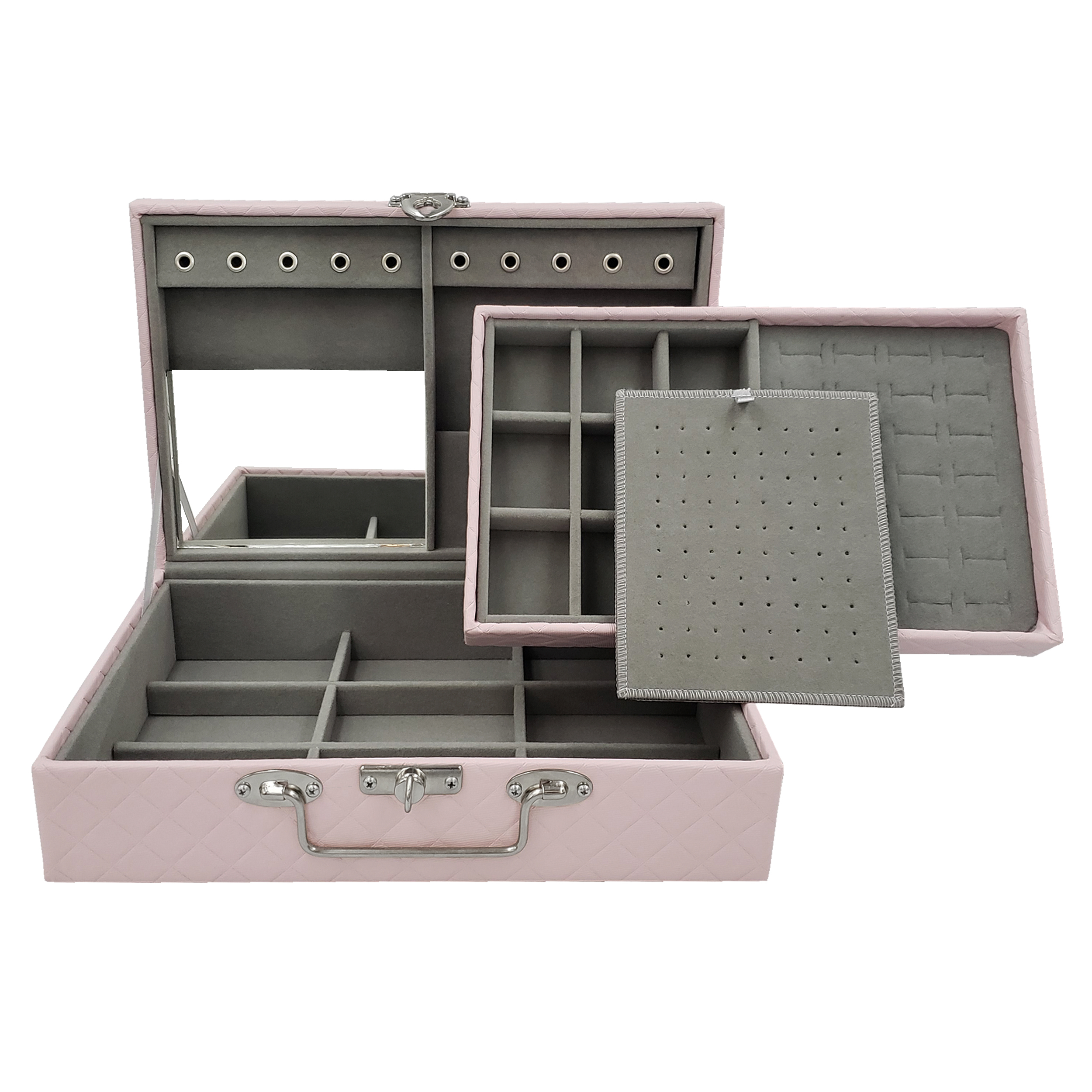 Estojo Duplo Médio Rosa Para Organizar Joias Interno Aveludado Cinza