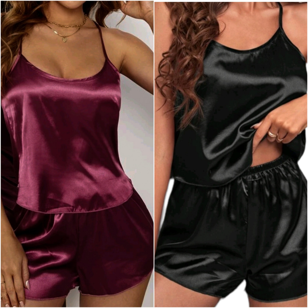 Kit com 2 pijamas feminino baby doll de cetim | Shopee Brasil