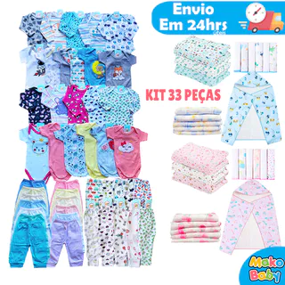 Kit 33 peças Enxoval Bebê Kit Maternidade Roupa Bebê Recem Nascido Menino e Menina 100% Algodão