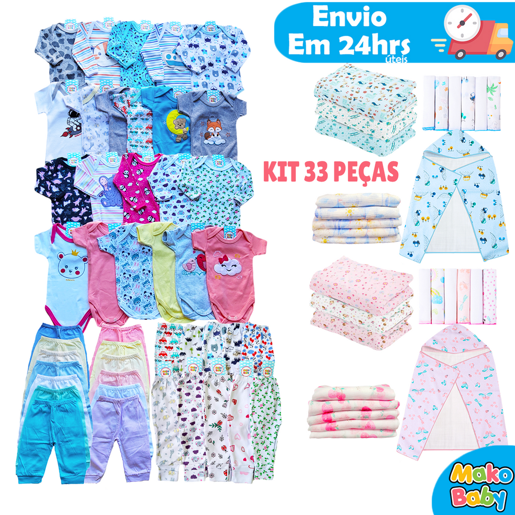 Kit 33 peças Enxoval Bebê Kit Maternidade Roupa Bebê Recem Nascido Menino e Menina 100% Algodão