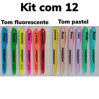 Kit com 12 Canetas Marca Texto Masterprint 6 tom pastel 6 fluorescente