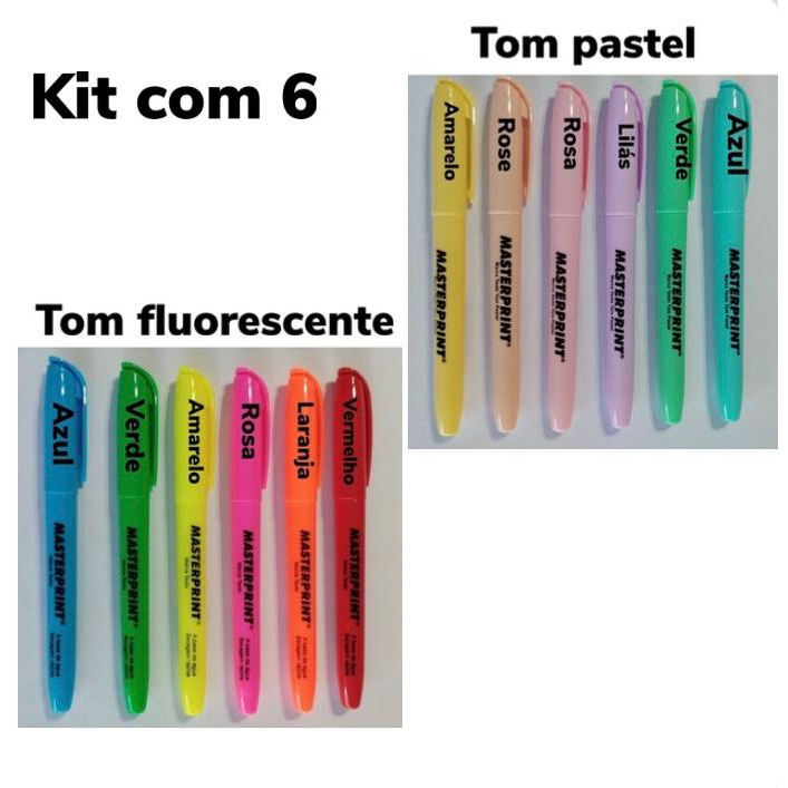 Kit com 6 Caneta Marca Texto Masterprint 6 neon ou 6 pastel