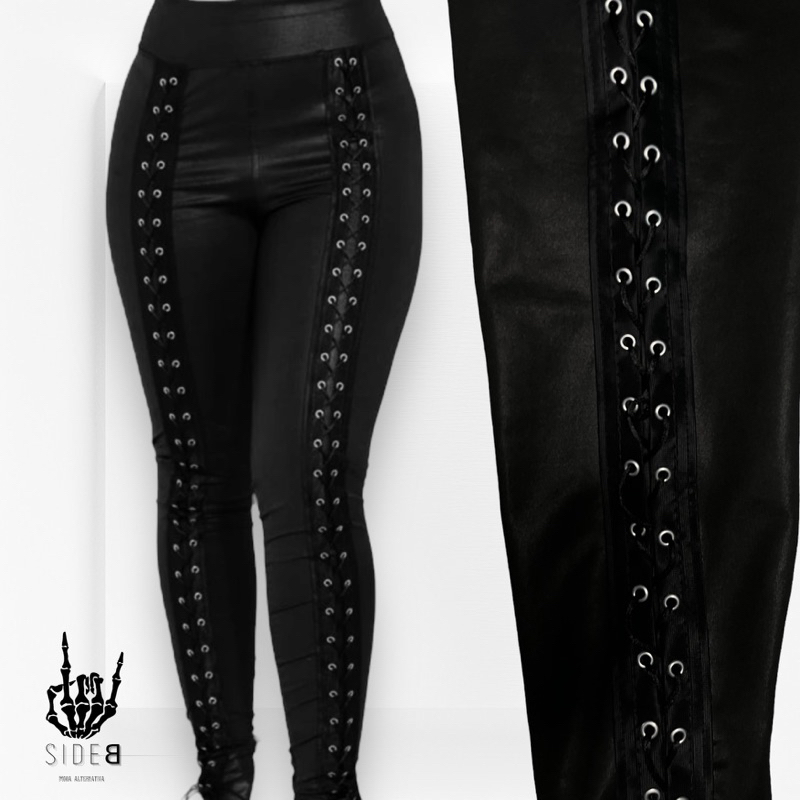 Calça ilhós trançada rock Legging alternativa Cirrê/couro fake