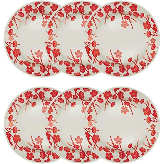 Conjunto com 6 Pratos 24cm Raso Biona Donna Jardim Oriental Vermelho/Marfim - Oxford