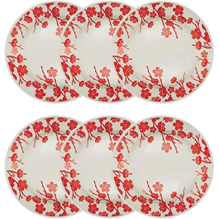Conjunto com 6 Pratos 24cm Raso Biona Donna Jardim Oriental Vermelho/Marfim - Oxford